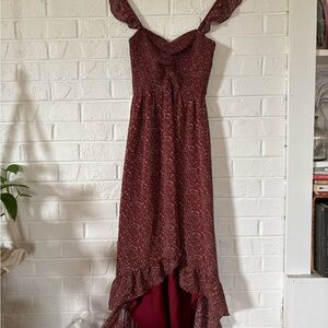 Storia Red High-Low Sundress with Ruffled Hem and Spaghetti Straps